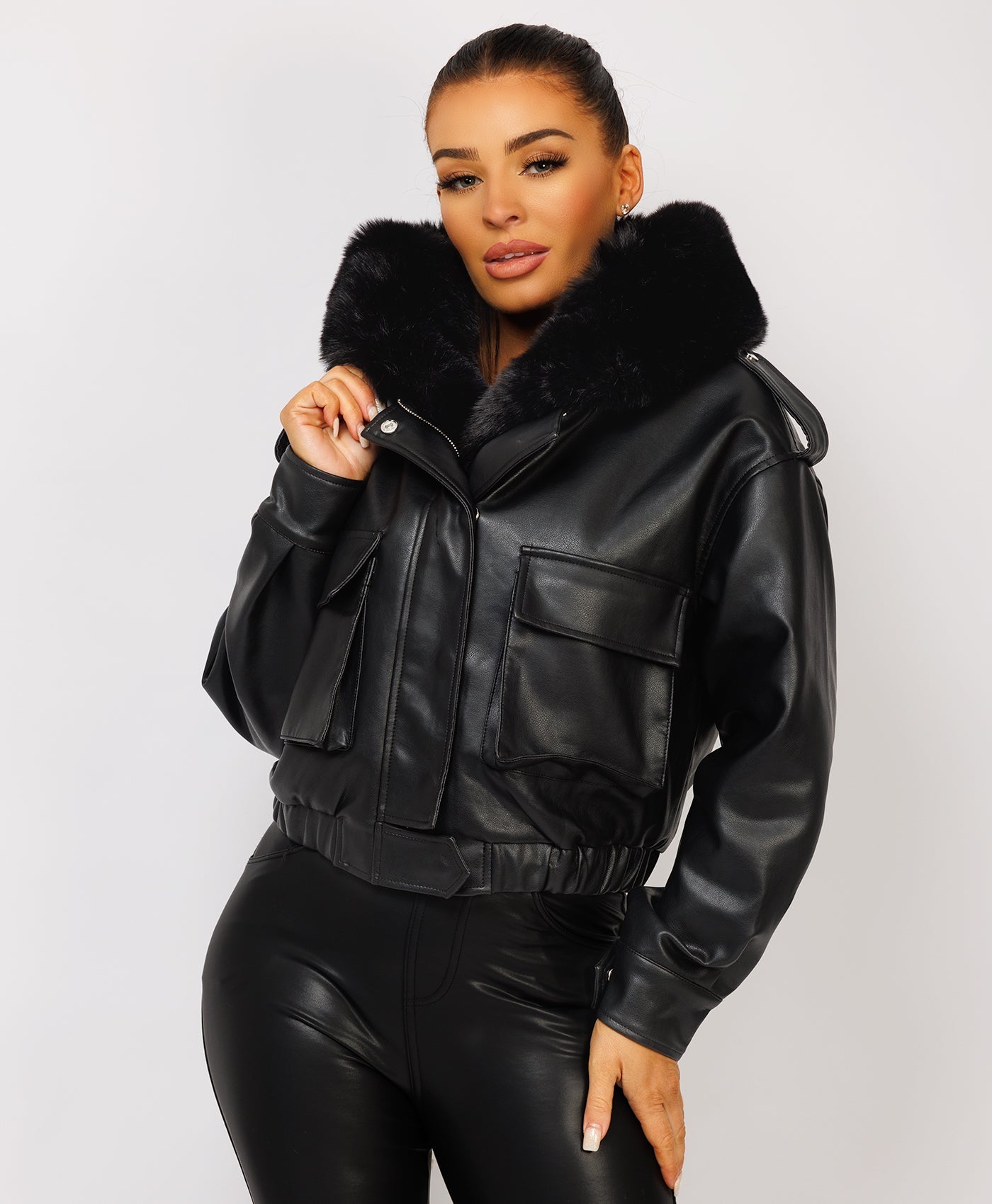 Black Vegan Leather Faux Fur Collar Hooded Bomber Jacket – www