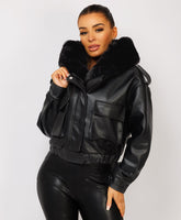 Black-Vegan-Leather-Faux-Fur-Trim-Hooded-Bomber-Jacket-2