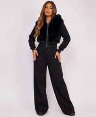Black Faux Fur Zip-Up Hoodie Wide Leg Jogger Co-Ord