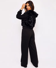 Black Faux Fur Zip-Up Hoodie Wide Leg Jogger Co-Ord