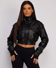 Black Faux Leather Bomber Jacket With Ribbed Hem