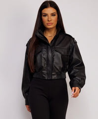 Black Faux Leather Bomber Jacket With Ribbed Hem