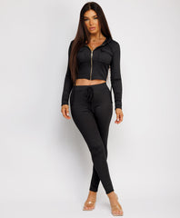 Gold-Zip-Ribbed-Cropped-Hoodie-And-Slim-Joggers-Set-Black-2