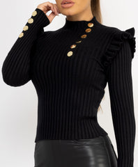 Ruffle-Shoulder-Sleeve-Ribbed-Set-Black-1