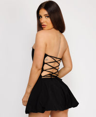 Laced-Corset-Bandeau-Puffball Mini-Dress-Black-2