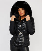 Black Metallic Quilted Padded Belted Ski Jacket