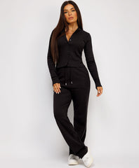 Ribbed-Button-Up-Cardigan-Straight-Leg-Trousers-Set-Black-2