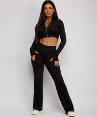 Ribbed-Cropped-Double-Zipped-Flare-Tracksuit-Black-1