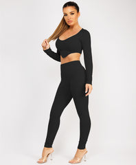 Black Ribbed Asymmetric Hem Loungewear Set