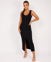 Black Ribbed Lace Trim Knitted Button-Through Midi Dress