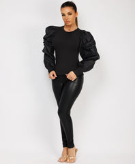 Black Ribbed Ruched Puff Sleeve Top