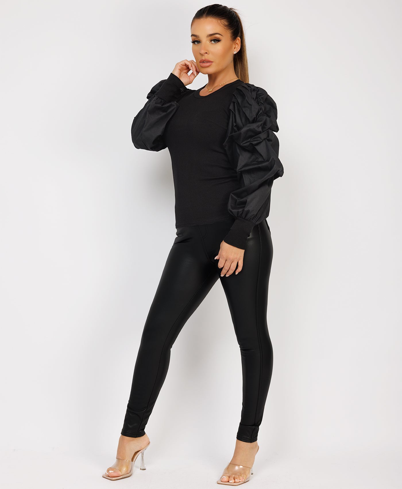 Black Ribbed Ruched Puff Sleeve Top