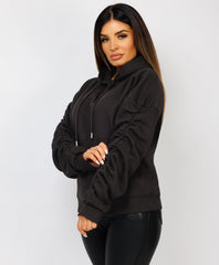 Ruched-Sleeve-Oversized-Fit-Hoodie-Black-1