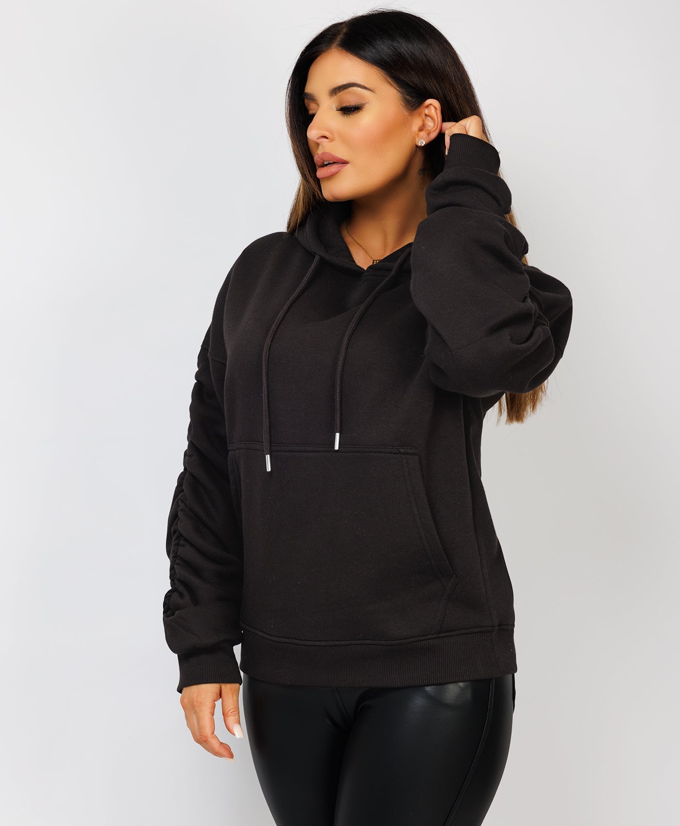 Ruched-Sleeve-Oversized-Fit-Hoodie-Black-3
