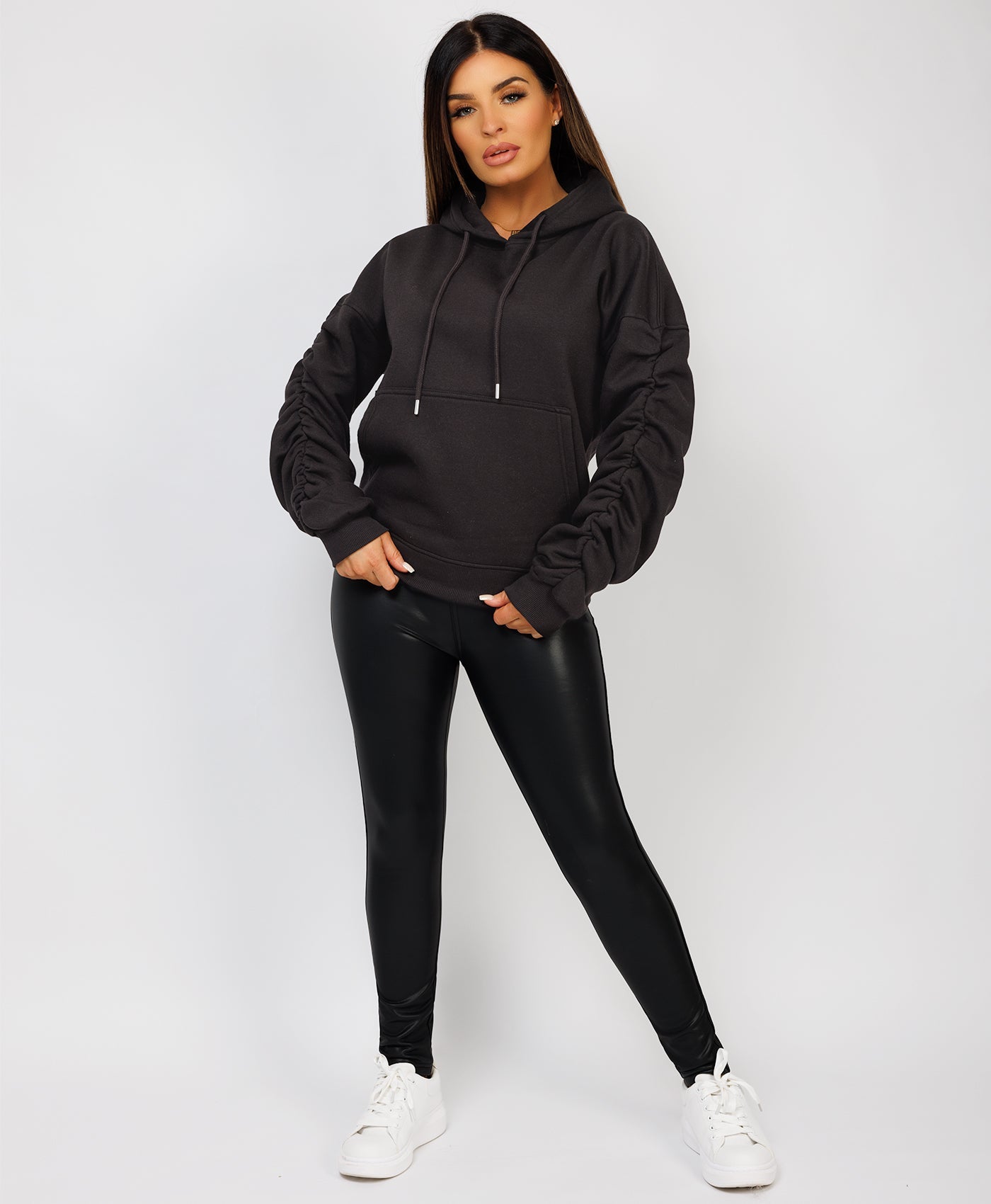 Ruched-Sleeve-Oversized-Fit-Hoodie-Black-2