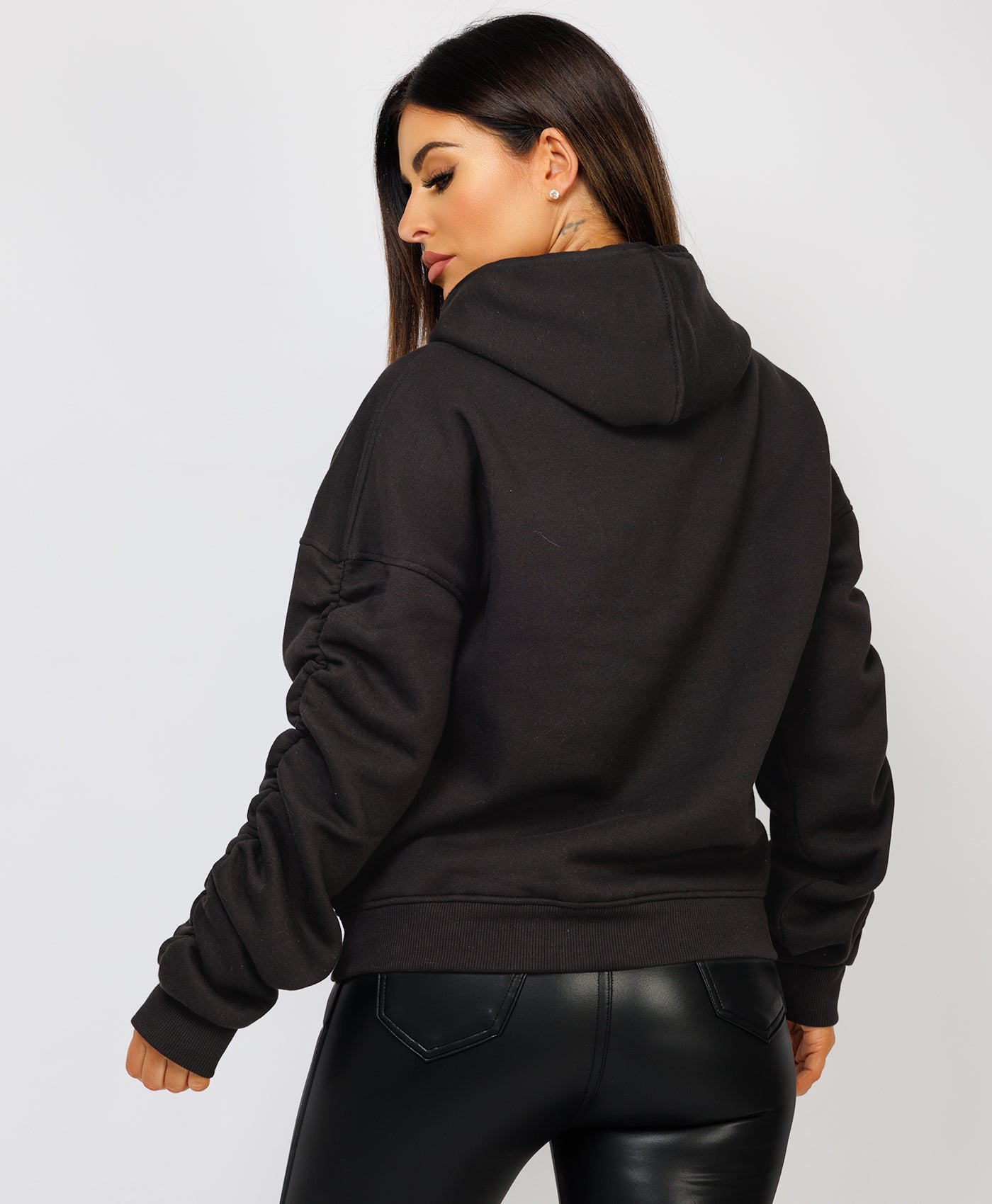 Ruched-Sleeve-Oversized-Fit-Hoodie-Black-6