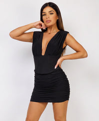 Black Ruched Plunge Neck Sleeveless Mini Dress