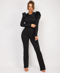 Ruffle-Shoulder-Sleeve-Ribbed-Set-Black-2