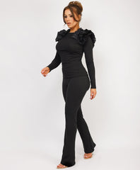 Ruffle-Shoulder-Sleeve-Ribbed-Set-Black-3