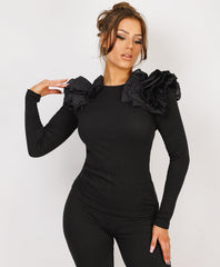 Ruffle-Shoulder-Sleeve-Ribbed-Set-Black-4