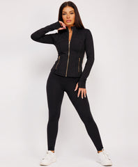Black Sport Gold Zipped Gym Jacket Leggings Co-Ord Set