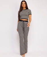 Black Striped Knit Cropped T-Shirt Flare Trousers