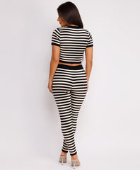 Black Striped Knit Cropped T-Shirt Flare Trousers