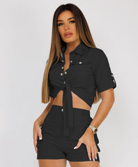 Black Utility Pocket Cargo Safari Co Ord Set