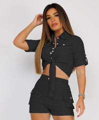 Black Utility Pocket Cargo Safari Co Ord Set
