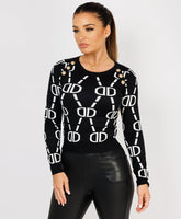 Ruffle-Shoulder-Sleeve-Ribbed-Set-Black White-3