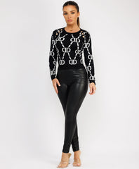 Ruffle-Shoulder-Sleeve-Ribbed-Set-Black White-4