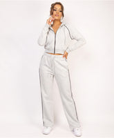 Bleach Grey Piping Zip-Up Crop Hoodie Wide Leg Jogger Co-Ord