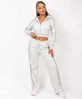 Bleach Grey Piping Trim Cropped Zip-Up Hoodie & Wide Leg Jogger Co-Ord Set