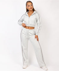 Bleach Grey Piping Trim Cropped Zip-Up Hoodie & Wide Leg Jogger Co-Ord Set