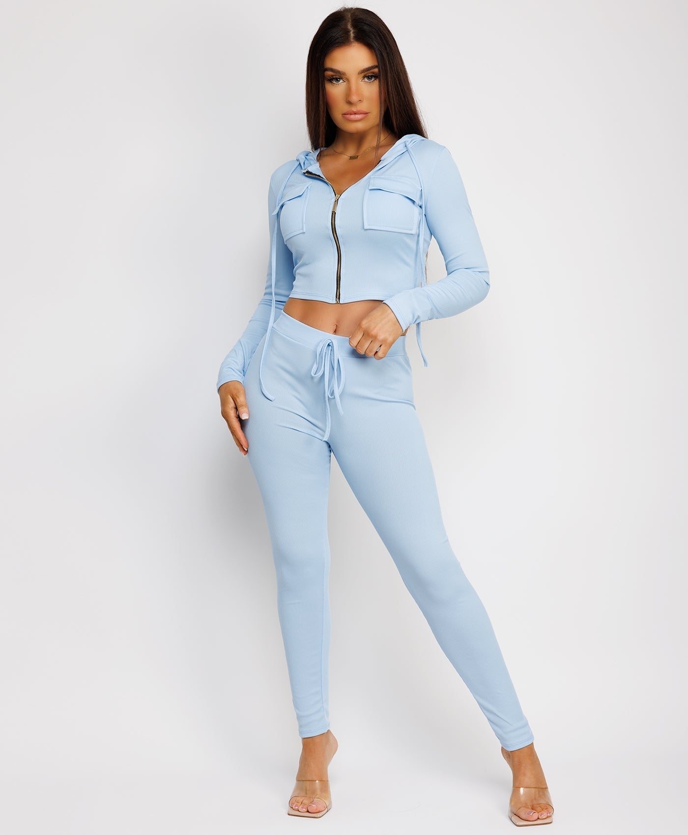 Gold-Zip-Ribbed-Cropped-Hoodie-And-Slim-Joggers-Set-Sky Blue-1