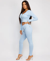 Gold-Zip-Ribbed-Cropped-Hoodie-And-Slim-Joggers-Set-Sky Blue-3