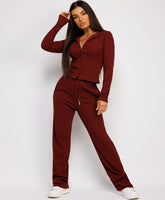 Ribbed-Button-Up-Cardigan-Straight-Leg-Trousers-Set-Wine-1