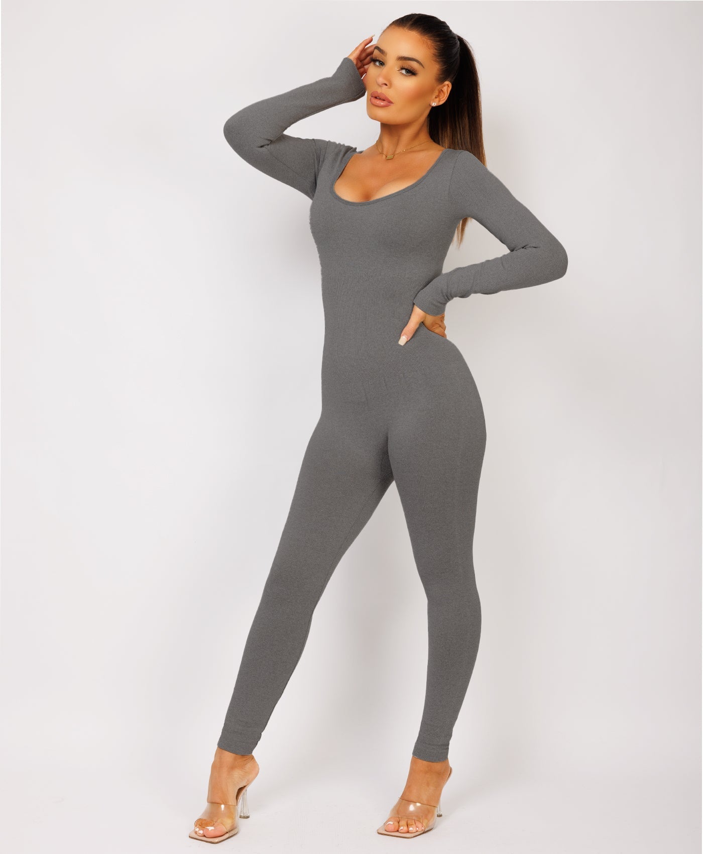 Charcoal Grey-Elastic-Ribbed-Long-Sleeve-Butt-Lift-Jumpsuit9