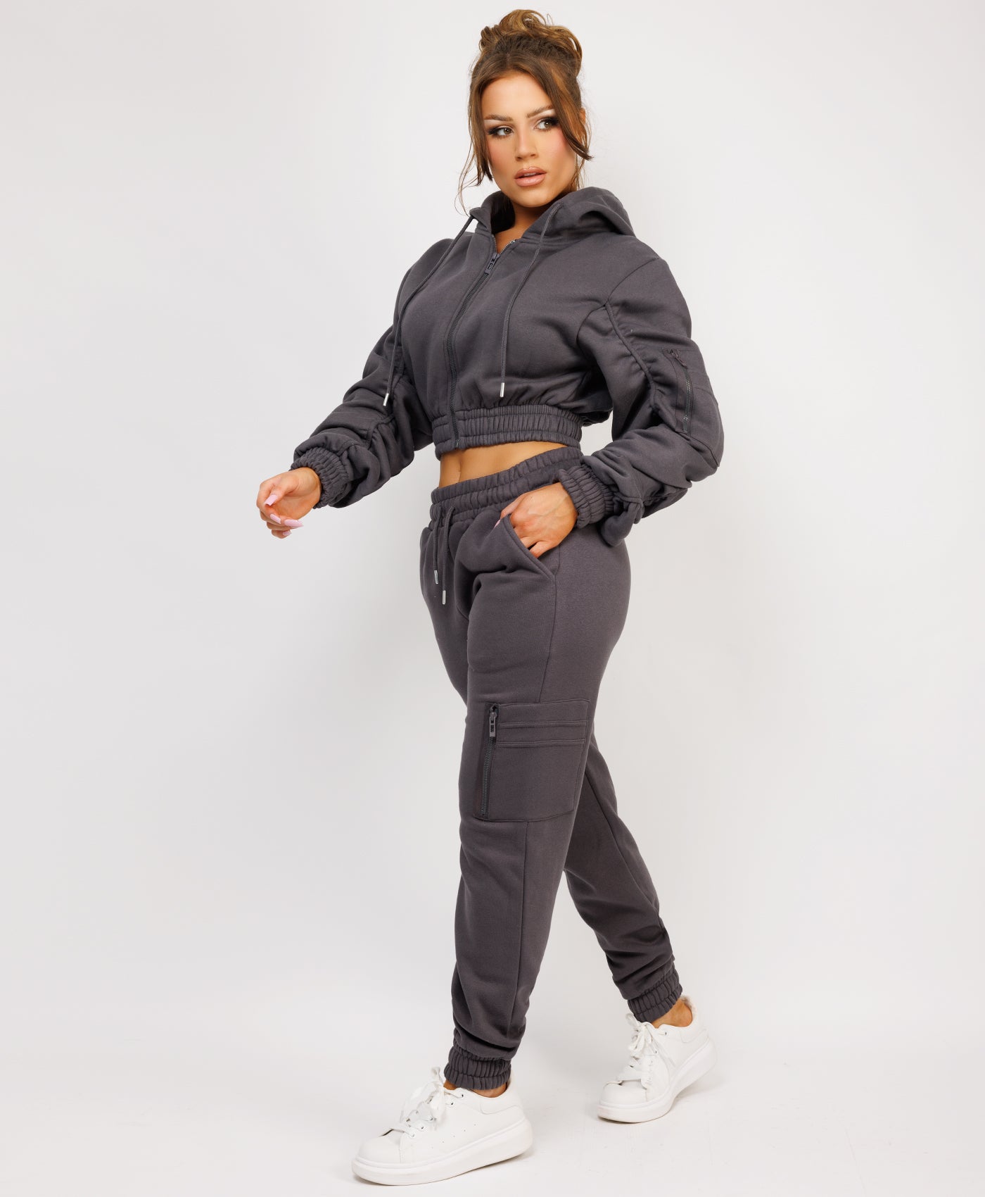 Charcoal Grey Ruched Sleeve Zipped Hoodie and Joggers Tracksuit