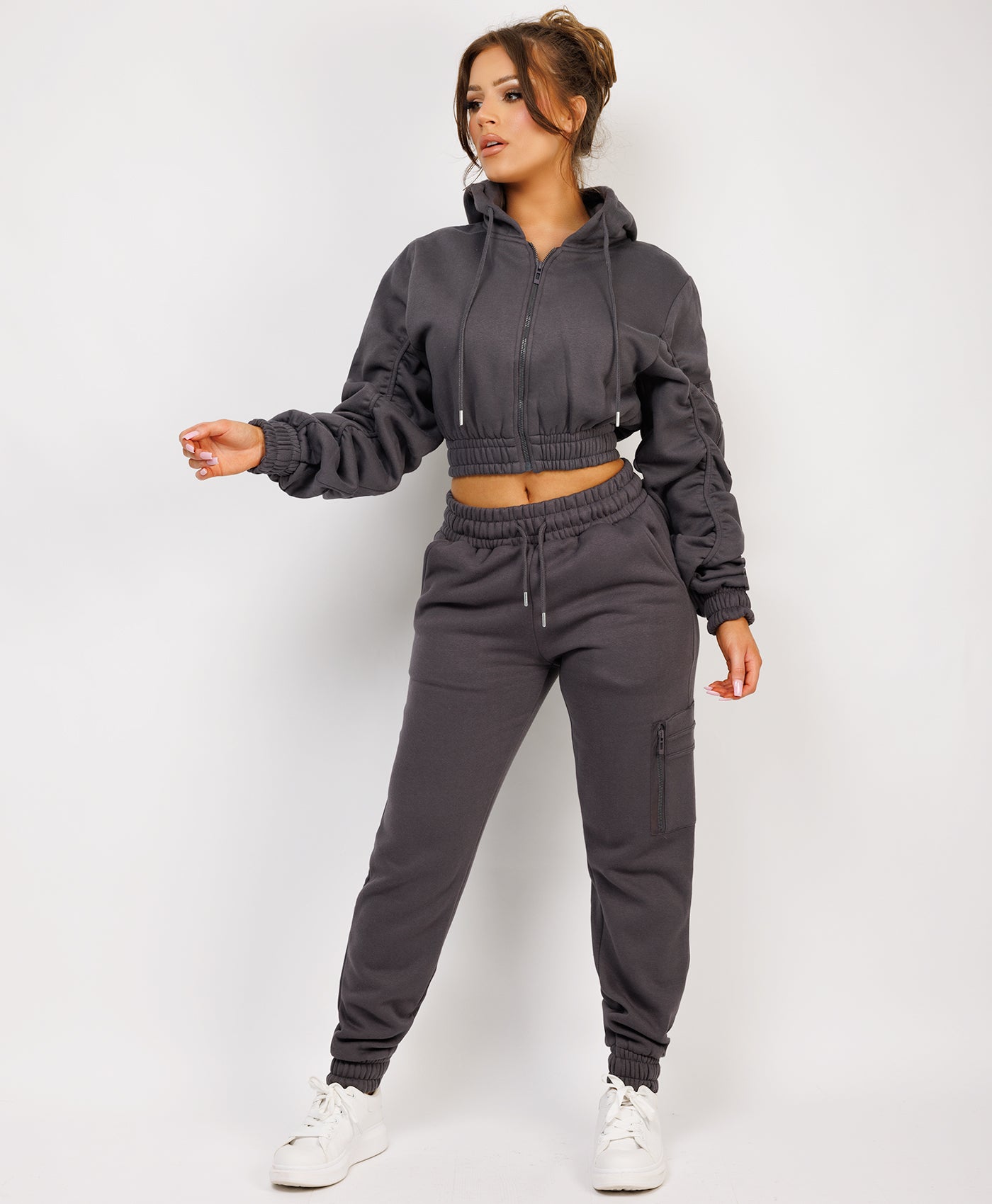Charcoal Grey Ruched Sleeve Zipped Hoodie and Joggers Tracksuit