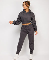 Charcoal Grey Ruched Sleeve Zipped Hoodie and Joggers Tracksuit