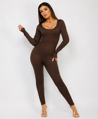 Chocolate-Brown-Elastic-Ribbed-Long-Sleeve-Jumpsuit-8