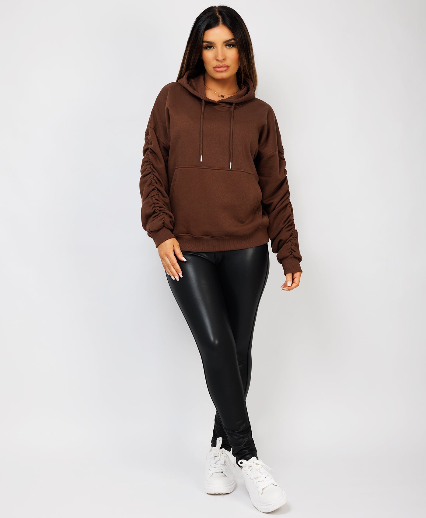 Ruched-Sleeve-Oversized-Fit-Hoodie-Chocolate-Brown 4
