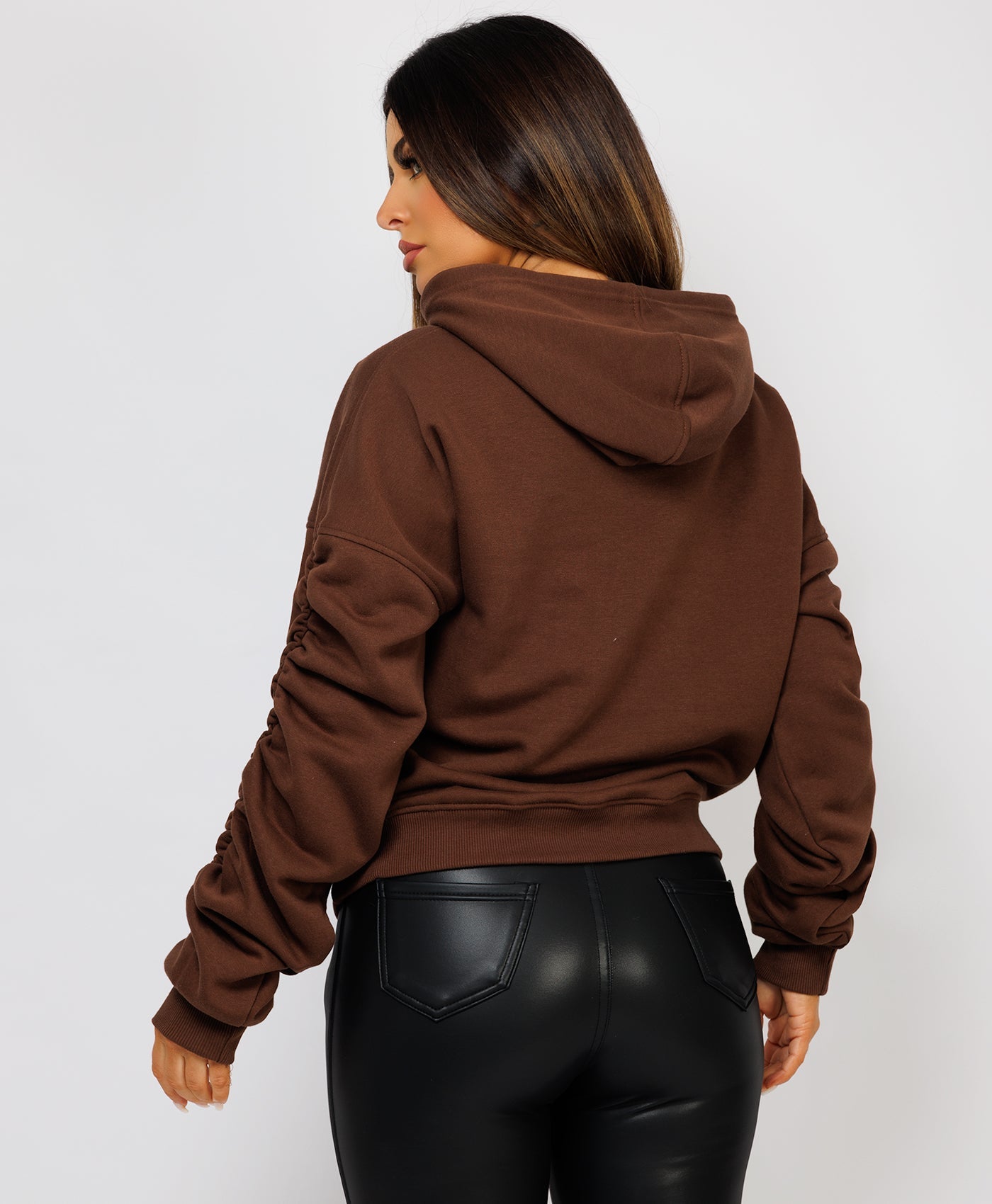 Ruched-Sleeve-Oversized-Fit-Hoodie-Chocolate-Brown 6