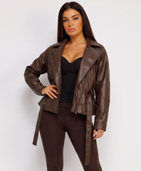 Chocolate Belted Faux Leather Biker Jacket