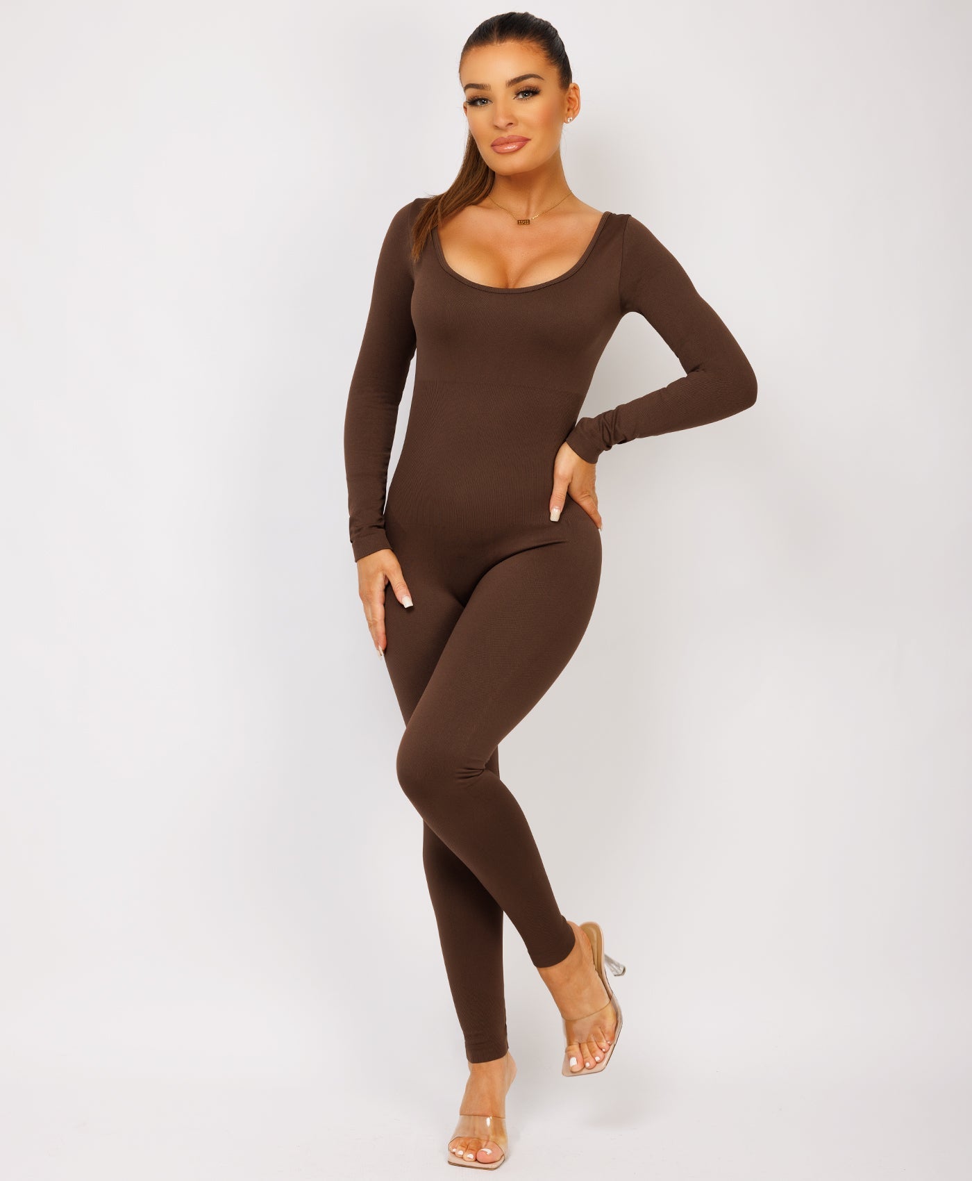 Chocolate Brown-Elastic-Ribbed-Long-Sleeve-Butt-Lift-Jumpsuit6