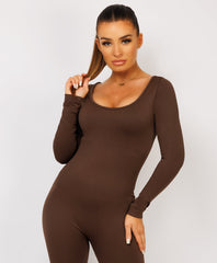 Chocolate Brown-Elastic-Ribbed-Long-Sleeve-Butt-Lift-Jumpsuit7