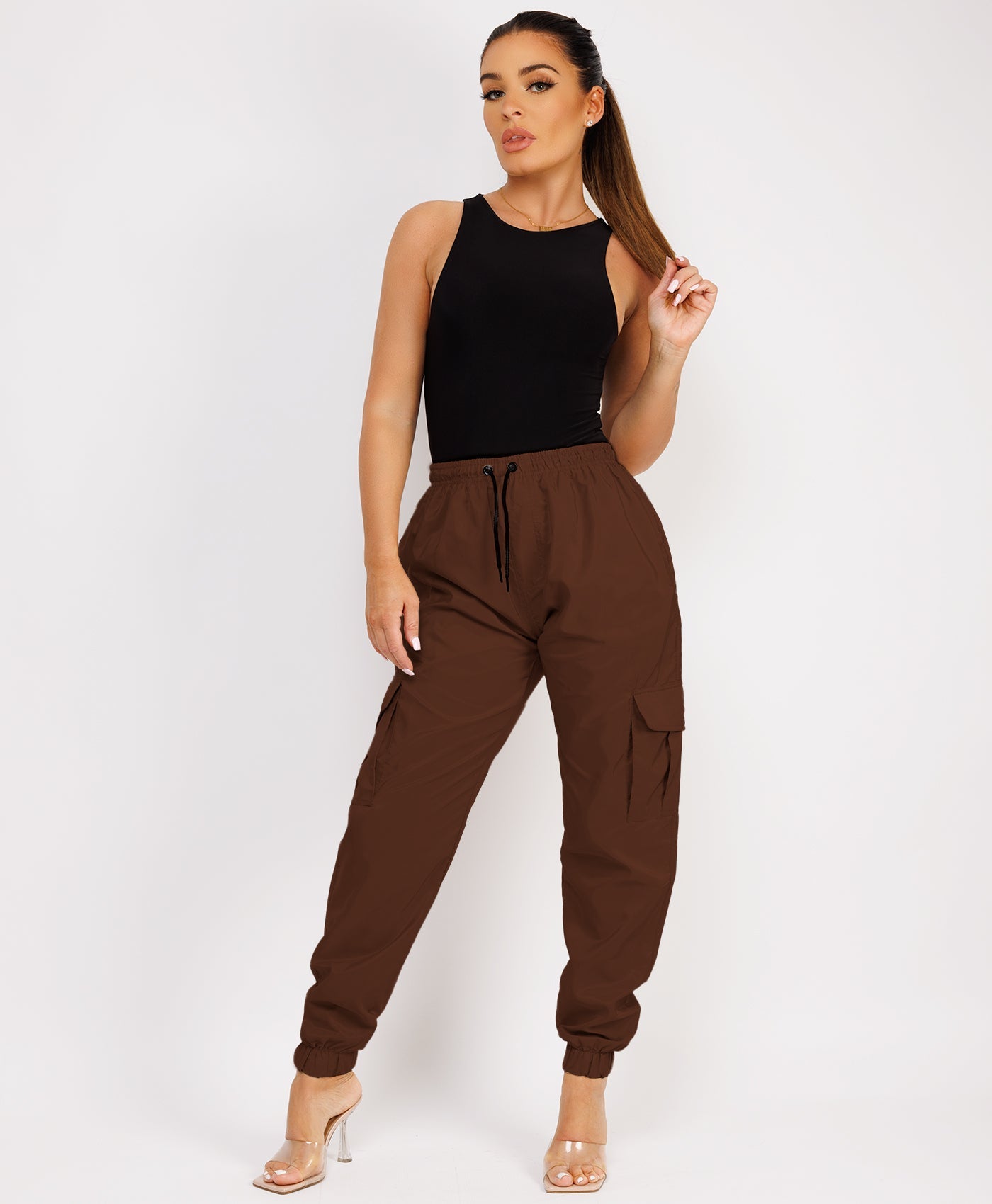 Ruffle-Shoulder-Sleeve-Ribbed-Set-Chocolate-Brown-1