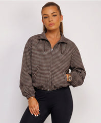 Chocolate Check Print Zip-Up Windbreaker Jacket