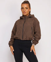 Chocolate Cropped Hooded Windbreaker with Drawstring Hem